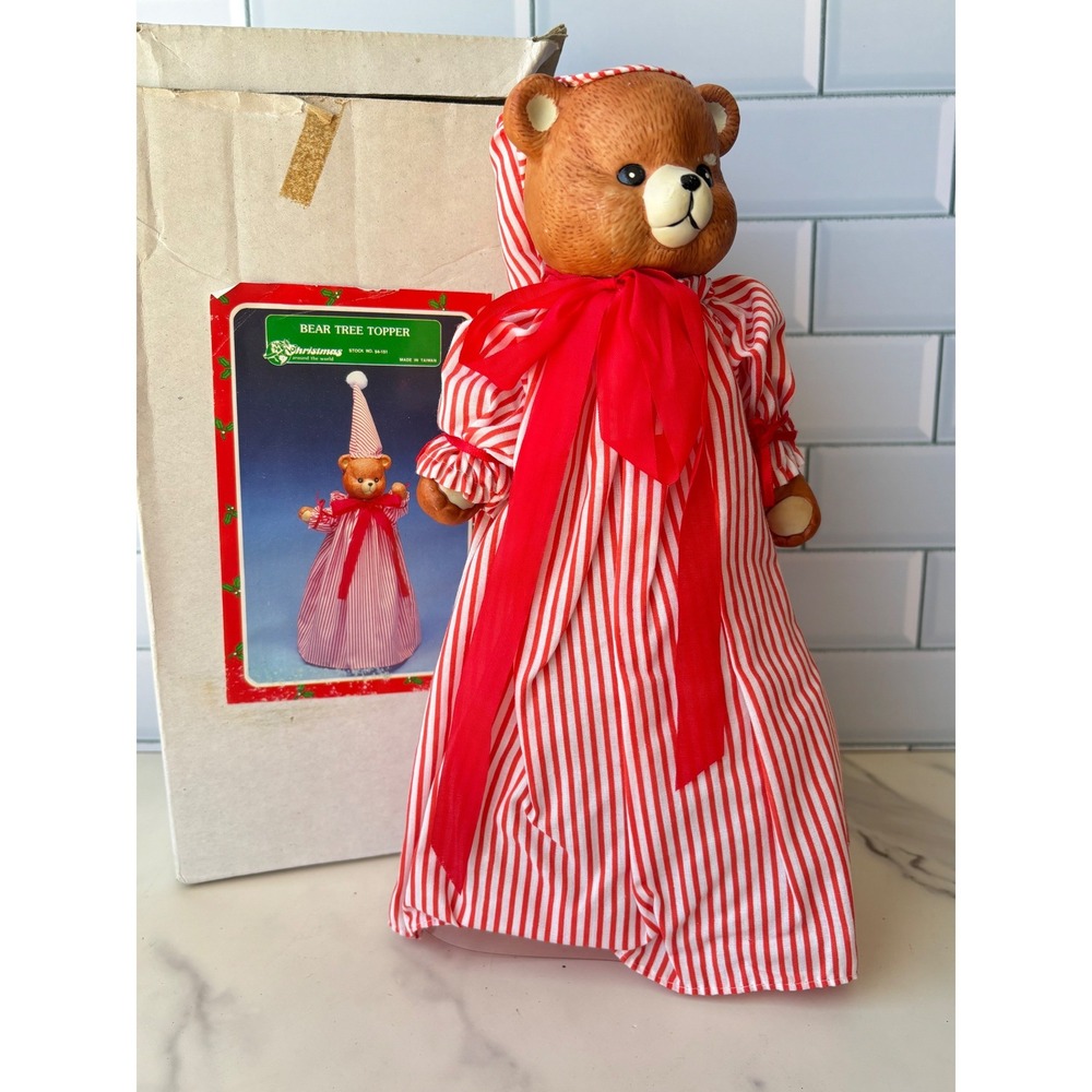 Vintage Christmas Around the World Bear Tree Topper Red White Striped Porcelain